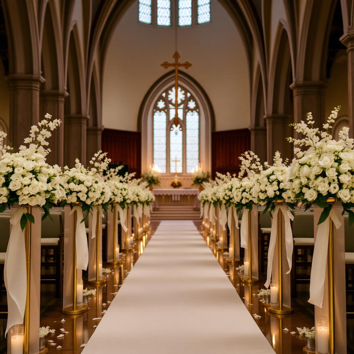 Church ceremony aisle with white florals