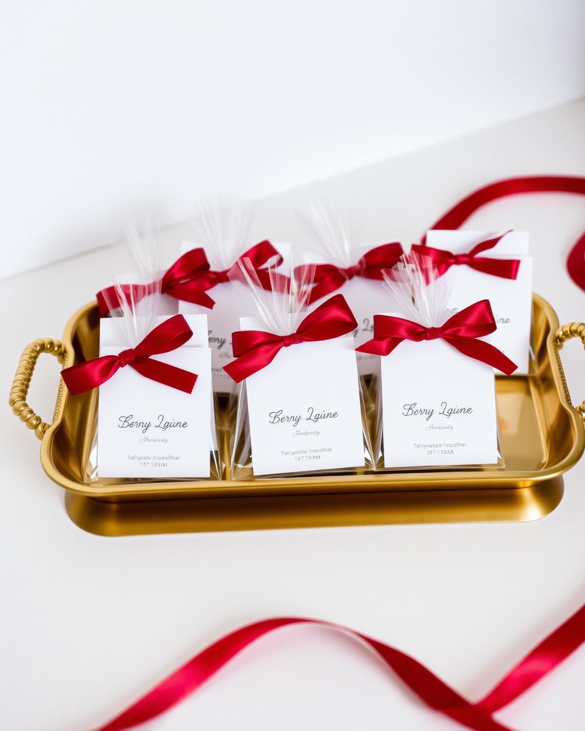 Personalized favors on a gold tray