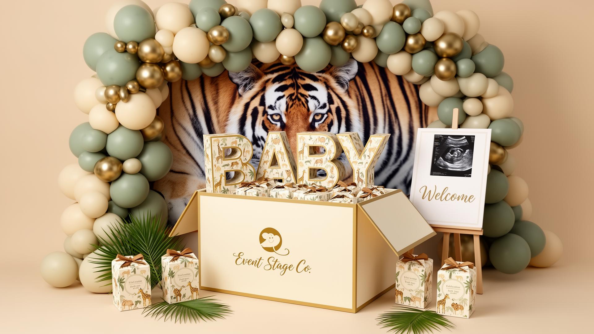 Luxury safari baby shower party pack spilling from a branded Event Stage Co. gift box